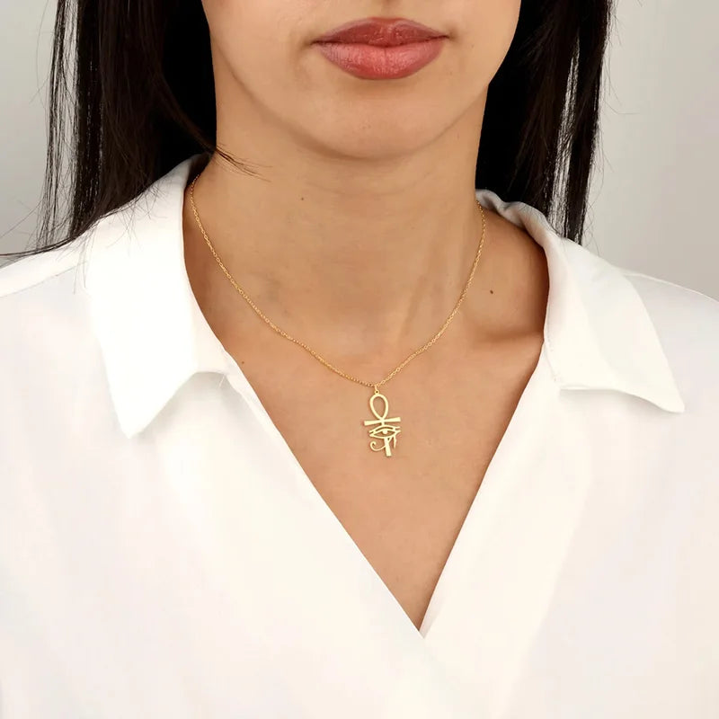 Ancient Egyptian Gold Plated Ankh Eye of Horus Pendant Necklace for Women