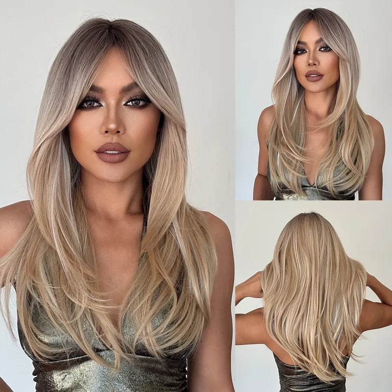 Long Straight Synthetic Wig with Bangs for Women - Blonde Platinum Highlight, Heat-Resistant, 24 Inch