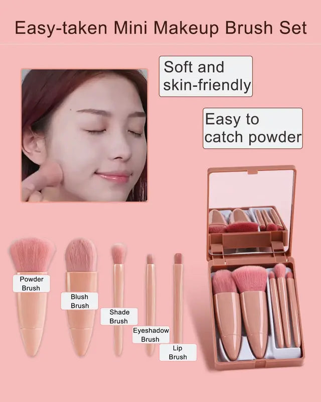 Mini Makeup Brush Set with Mirror – Travel Cosmetic Brushes, Soft Fluffy, 5 Pieces