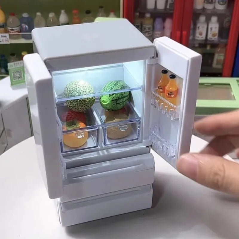 Light-Up Mini Double-Door Refrigerator Dollhouse Model for Pretend Play - 1:12 Scale Food Scene Decoration