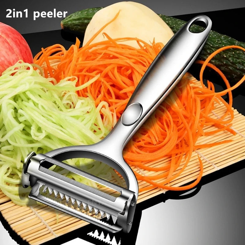 2in1 Stainless Steel Vegetable Peeler and Julienne Tool - Multi-function Kitchen Grater