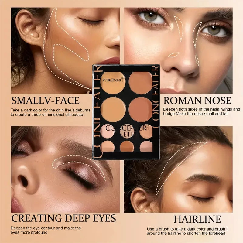10-Color Cream Contour Palette with Brush | Waterproof Face Makeup Kit for Beginners