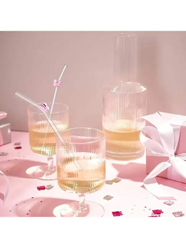 Reusable Glass Straw with Bow Design & Cleaning Brush - Set of 7 for Coffee, Smoothies, Drinks