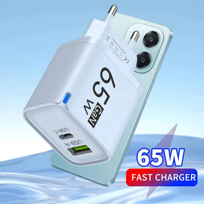 GaN 65W Fast USB-C Charger with Dual Ports, Universal Compatibility, Compact & Travel-Friendly