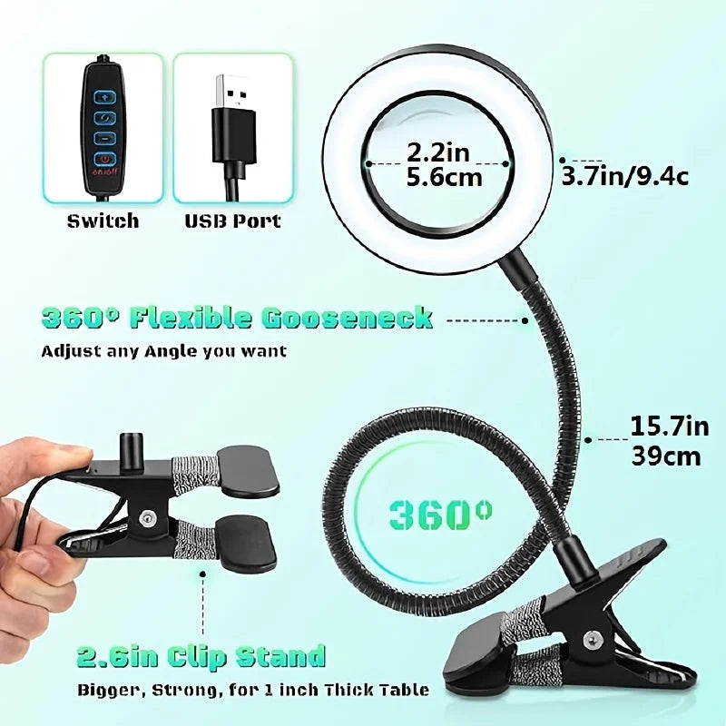 LED Clip-On Magnifying Desk Lamp 5X Magnifier Dimmable Adjustable Light