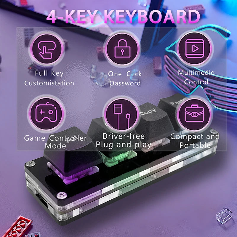 Mini Macro Pad 4-Key Keyboard RGB Mechanical Shortcut Keyboard for Gaming and Workflow