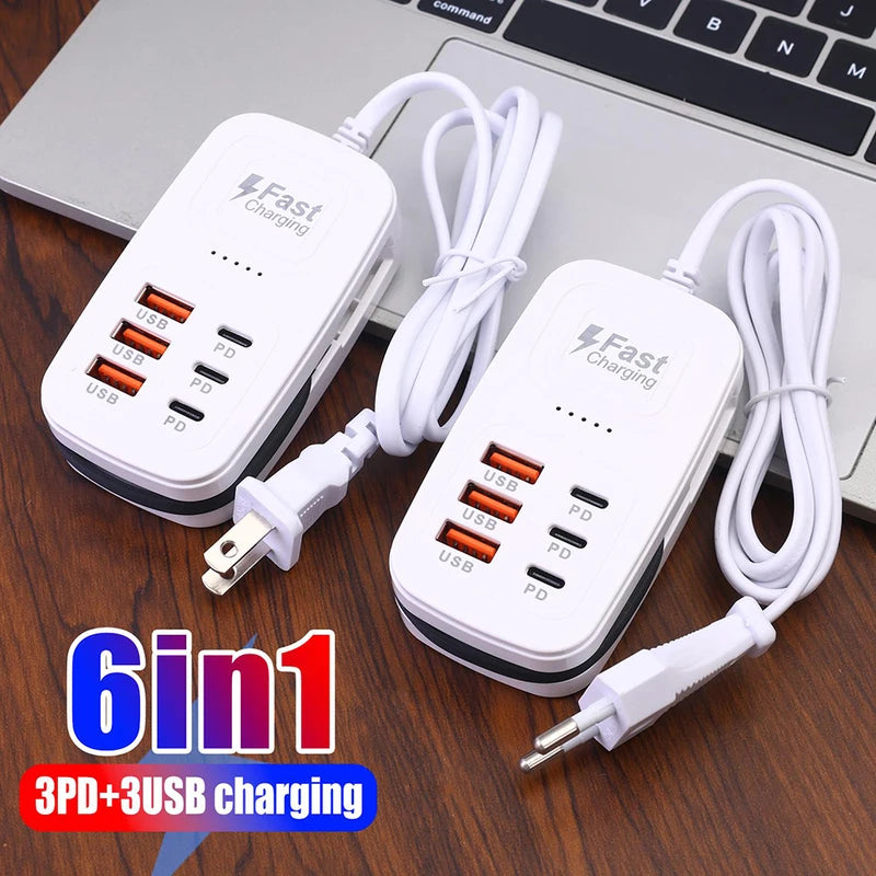 6 Port USB Fast Charger Power Strip with EU UK US Plugs for Phone Tablet Desktop Station