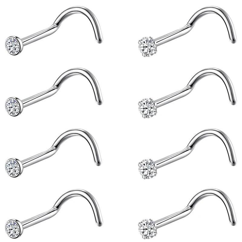 8 Pcs Nose Studs Set - CZ Zircon Gold & Silver Stainless Steel Body Jewelry for Women & Girls 20G