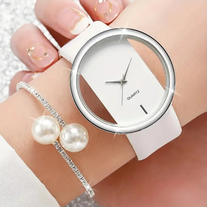 2PCS Women's White Pearl & Rhinestone Watch Bracelet Set - Quartz Jewelry