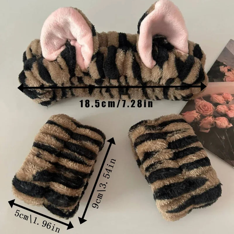 3PCS Cat Ear Leopard Print Plush Headbands for Women Girls Spa Face Makeup