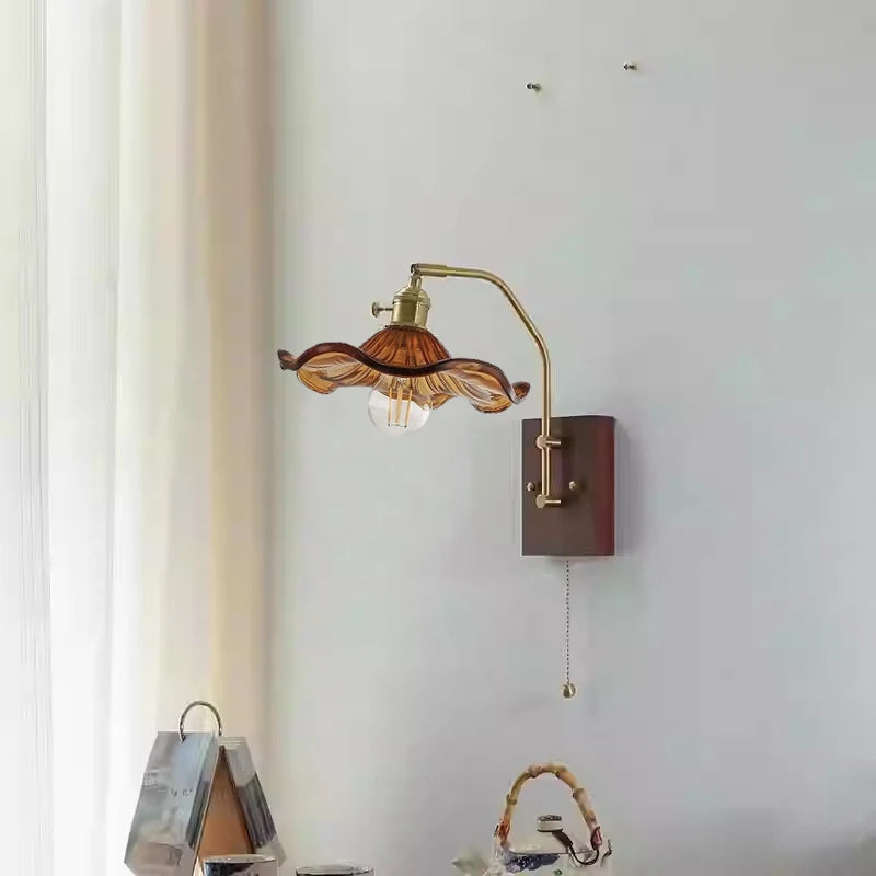 Wood Copper LED Wall Light Indoor Lamp with Pull Chain Switch for Bedroom & Living Room