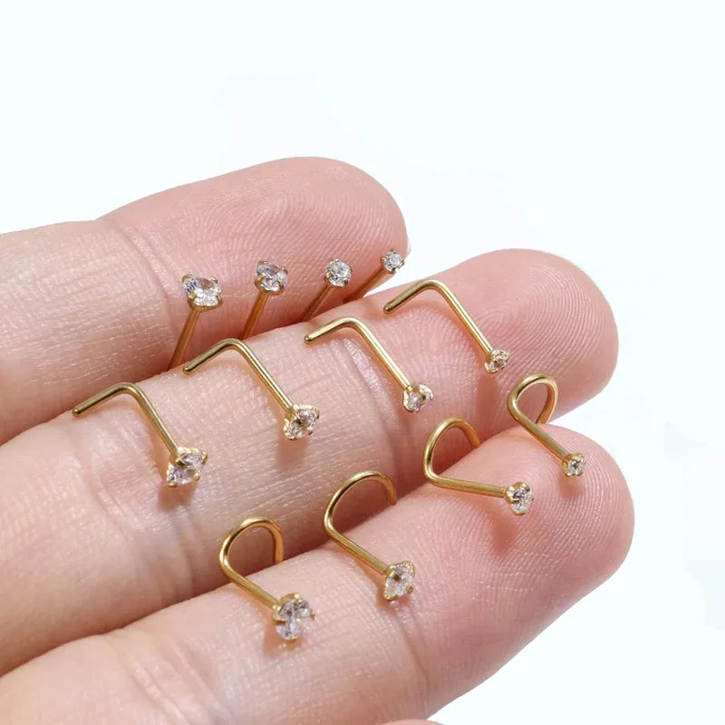 Gold Color Nose Stud with Cubic Zirconia Crystal - Body Piercing Jewelry