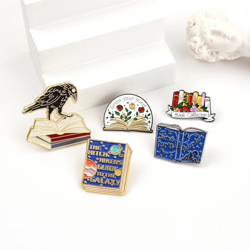 Cute Book Collection Enamel Pins Set - Letters Flowers Library Badge Brooch Jewelry Gift