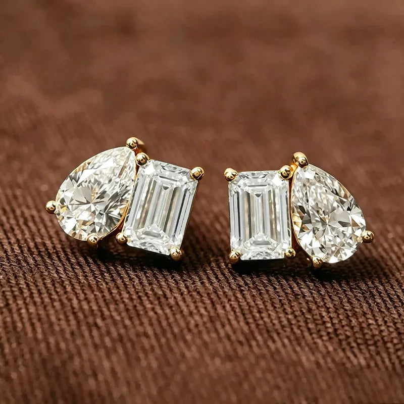 Sterling Silver Moissanite Stud Earrings for Women - Pear & Emerald Cut Jewelry