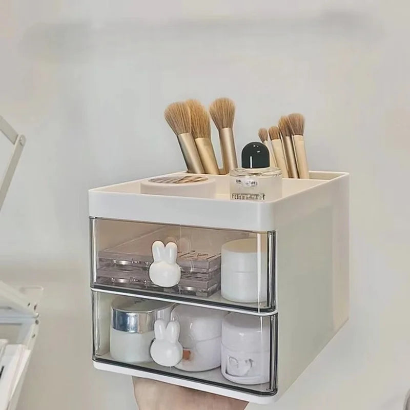 Transparent Drawer Storage Box with Sliding Drawers and Top Compartment for Office and Cosmetics Organization