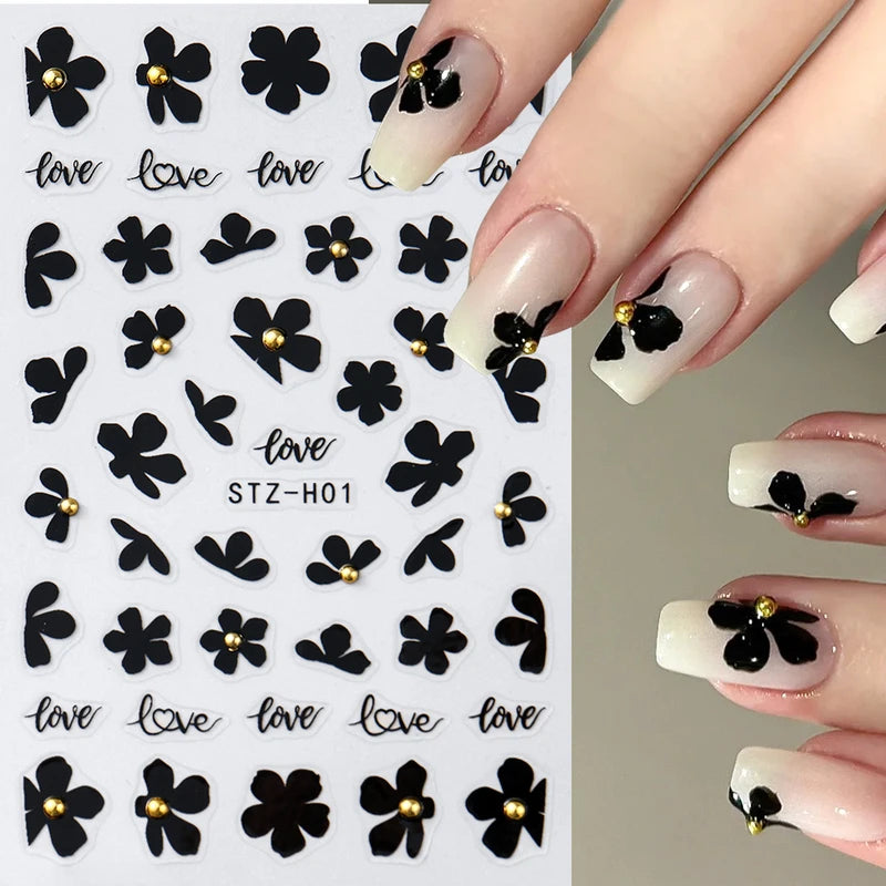 2pcs Black Flower Nail Stickers with Gold Beads - Easy Manicure Decor