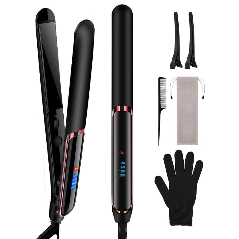 2-in-1 Hair Straightener and Curler Set with Negative Ion Technology - Dual Voltage, Fast Heating for Home & Travel