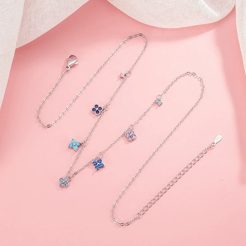 Multicolored Four-Leaf Clover Silver Bracelet and Anklet for Women Jewelry Gift
