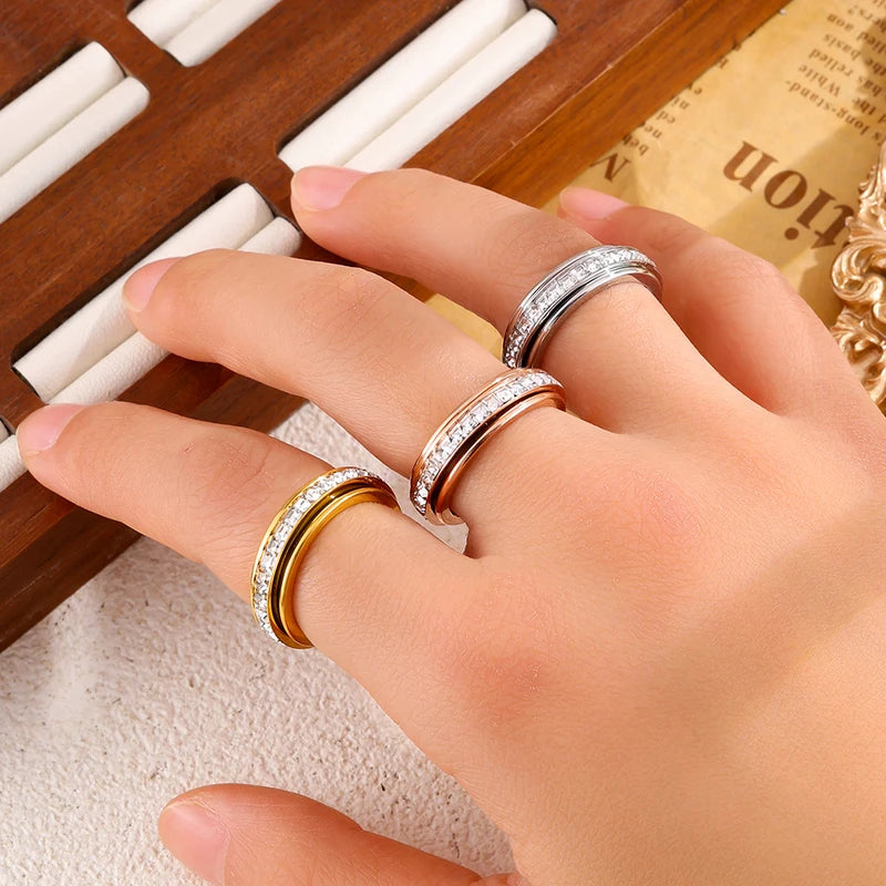 Stainless Steel Zirconia Spinner Rings for Anxiety Relief - Women & Men Jewelry Gift