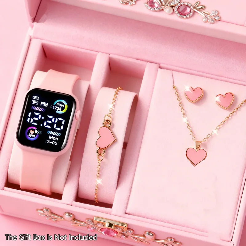 6-Piece Teen Fashion Jewelry Set with Watch Necklace Earrings Ring - Multiple Colors