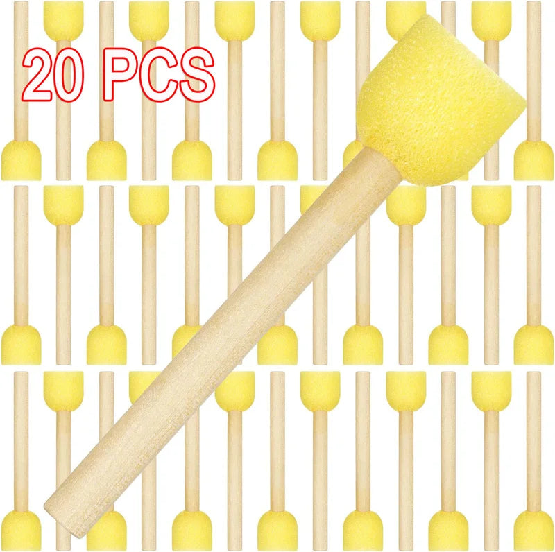 Kids Painting Sponges Brush Set - 20pcs Round DIY Craft Tools with Wood Handles