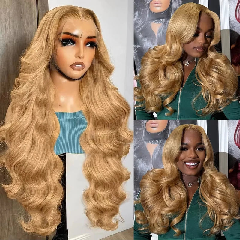 Honey Blonde 27-Inch Body Wave Lace Front Wig with HD Transparent Lace, Pre-Plucked, Bleached Knots, 250 Density, Brazilian Human Hair