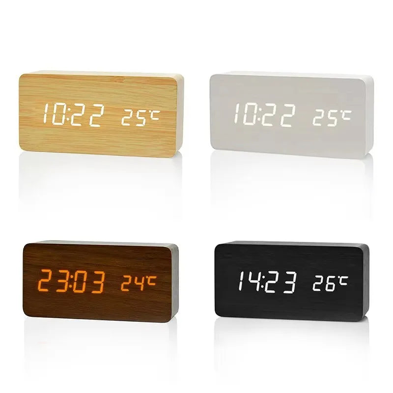Wooden Digital Alarm Clock with Temperature Display - LED Table Clock for Bedroom & Office