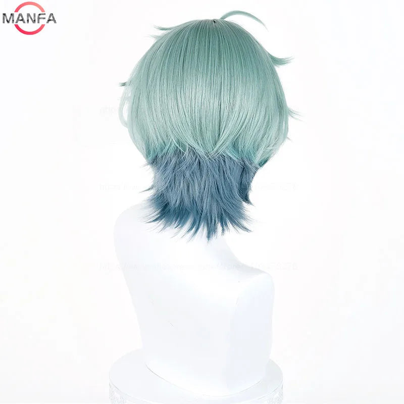 Anime Cosplay Wig for Genshin Impact Lohen Light Green & Blue Short Synthetic Heat-Resistant Hair Wig + Cap