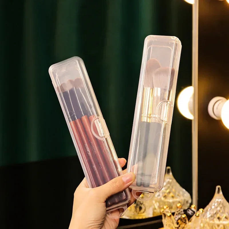 Portable Makeup Brush Organizer with Cover - Transparent Plastic Storage Box for Vanity and Travel