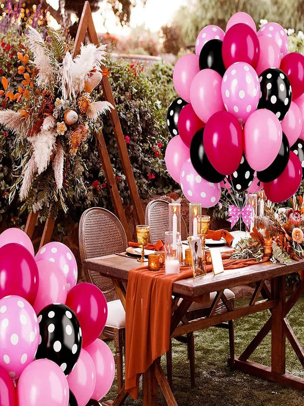 12-Inch Black and Pink Polka Dot Latex Balloons Set for Birthday Party Decorations