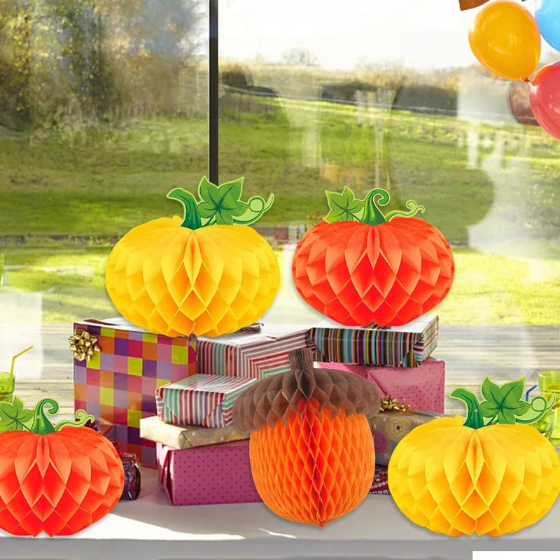 3-Pack Pumpkin Chestnut Honeycomb Decorations for Thanksgiving Halloween Party