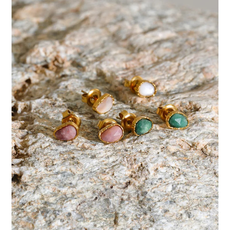 Stainless Steel Stud Earrings with Natural Shell and Stone Oval Small Jewelry