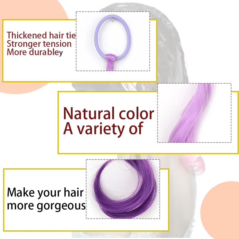 Lightweight 14-Inch Colored Synthetic Hair Extensions for Kids with Ponytail Elastic Tie
