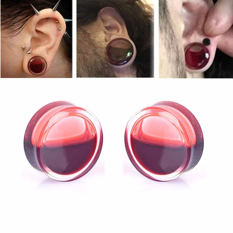 Halloween Blood Red Liquid Filled Double Saddle Ear Plugs Gauges Jewelry Set