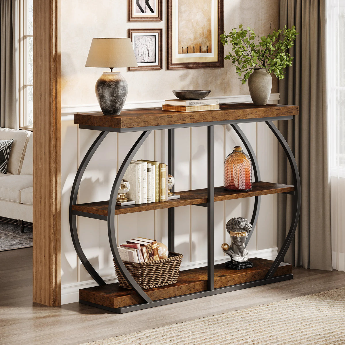 Industrial 3-Tier Console Table with Arched Metal Frame and Storage Shelves - 41.3 Inch Entryway or Living Room Table