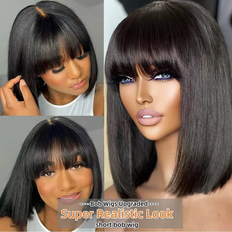 Short Bob Human Hair Wig with Bangs & Lace Middle Part - Natural Black