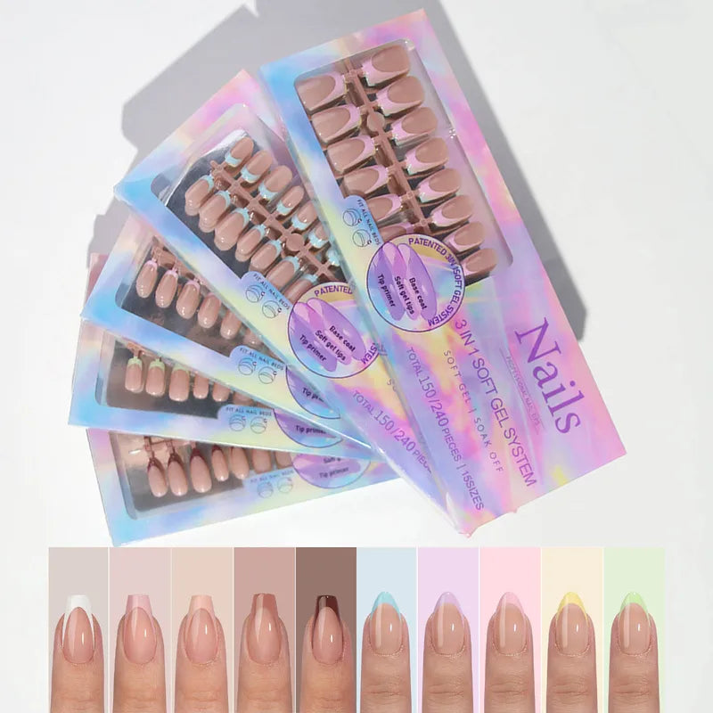 150pcs Multi-Color Fake Nails Set - Almond French Press On Acrylic Nails, Removable & Convenient