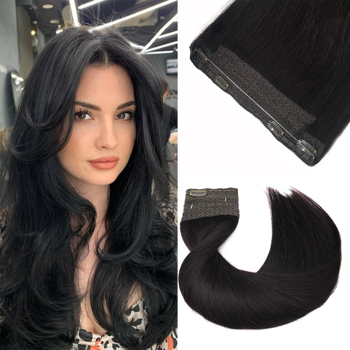 Human Hair Clip-In Weft Extensions - Natural Straight Fish Line Hair for Women