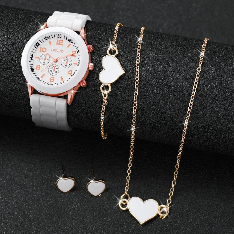 Women’s Fashion Quartz Watch Set with Silicone Band and Jewelry Accessories 5-6PCS