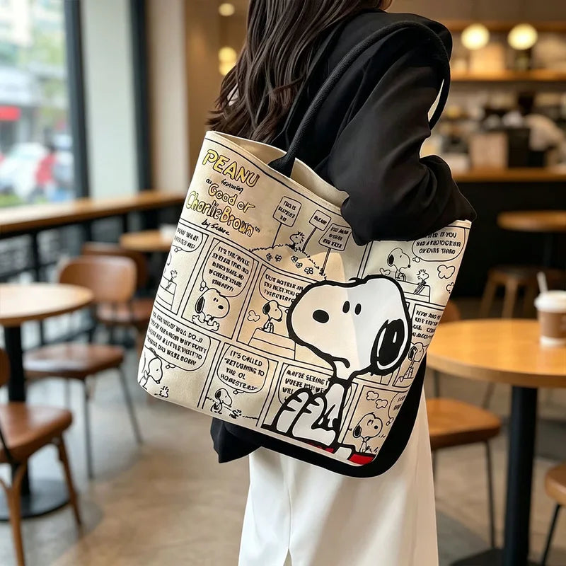 Large Capacity Snoopy Comic Canvas Tote Bag with Zipper | Eco Friendly Shopping Handbag for Students and Gifts