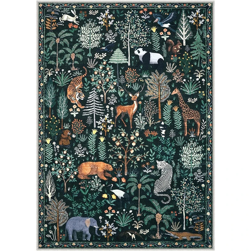 Large Non-slip Machine Washable Living Room Carpet - Soft & Comfortable Floor Mat - Green Animal & Plant Print