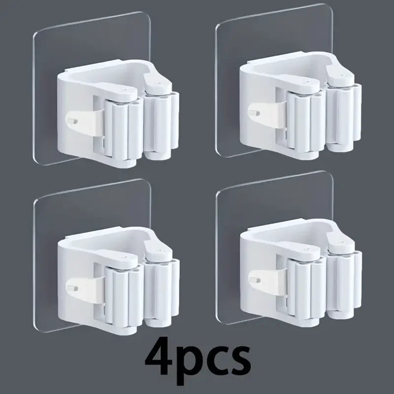 4PCS Non-Punching Mop Holder Clip Bathroom Rack Wall Mount Organizer