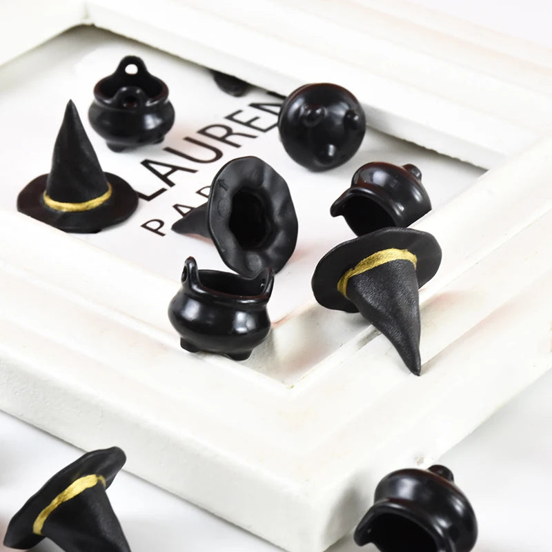 Halloween Miniature Witch Hats Set - Resin Cauldron Props for Party & Decor