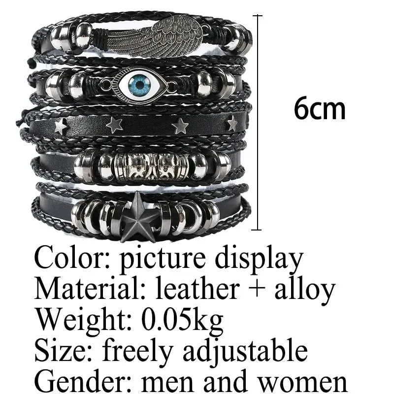 Evil Eye Wing Star Punk Style Leather & Bead Bracelet Set - 5pcs