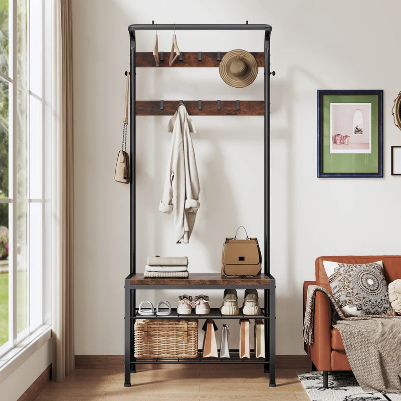 Multi-Functional Coat and Shoe Organizer with 2-Tier Shoe Rack and 12 Hooks