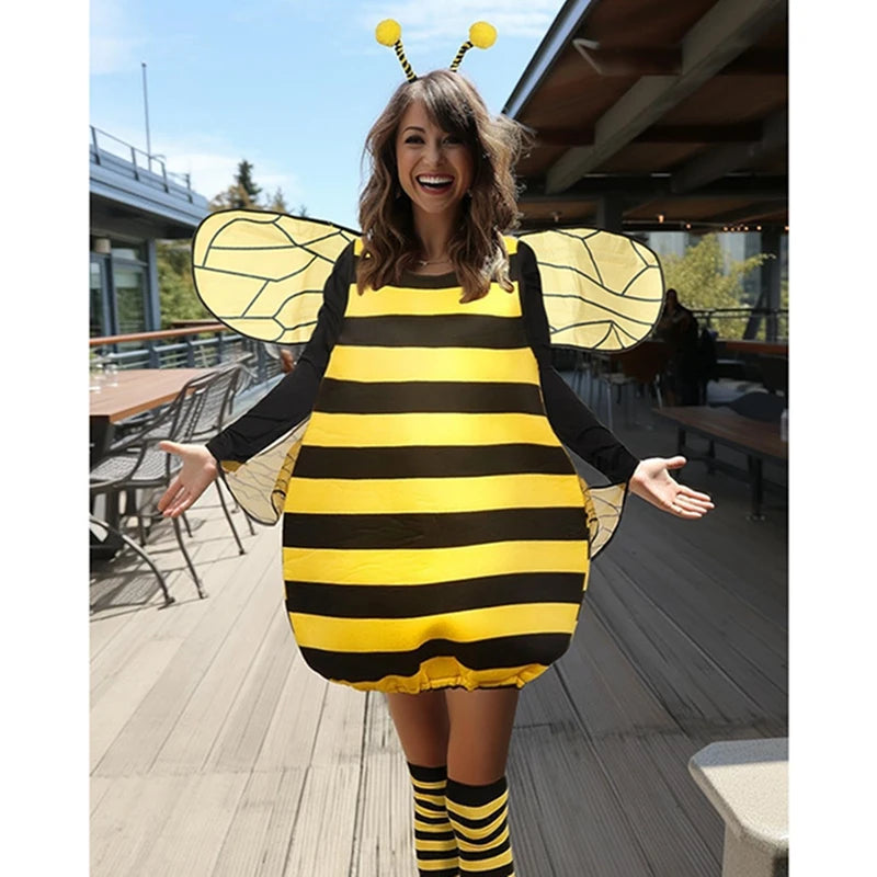 Women Halloween Bee Costume Long Sleeve Striped Patchwork Dress with Knee-high Socks & Hair Hoop