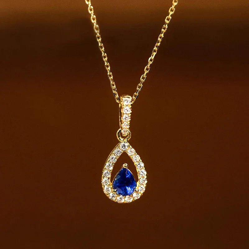 Gold Color Waterdrop Pendant Necklace with Blue Cubic Zirconia for Women