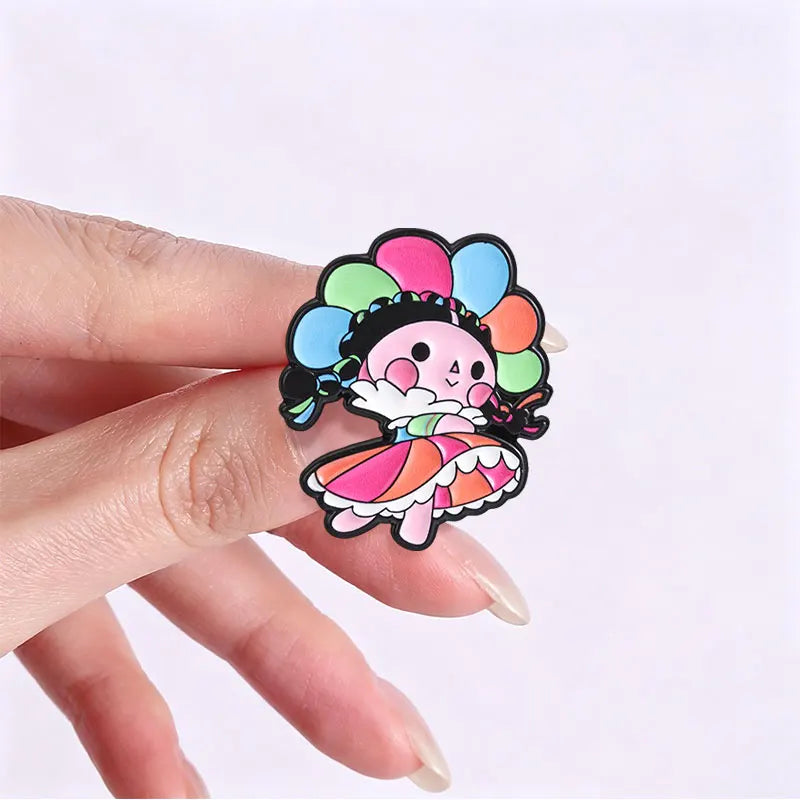 Mexican Lele Doll Brooch Enamel Pin with Floral Crown Rainbow Skirt Cute Jewelry