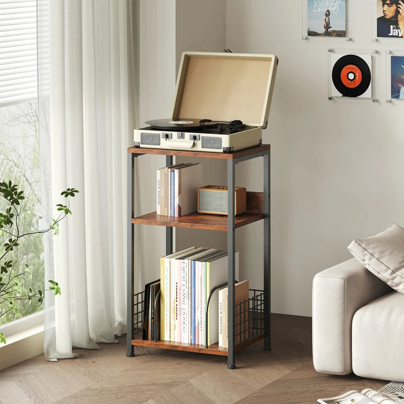 3-Tier Record Player Stand with Vinyl Storage - Black or Brown, 16 Inch