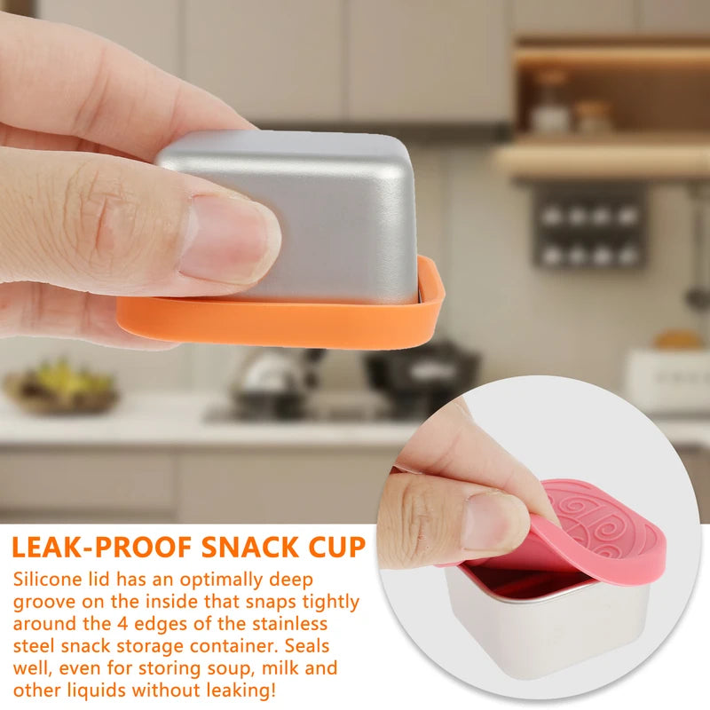 Stainless Steel Snack Containers with Silicone Leakproof Lids - 4 Pack, Portable Food Storage